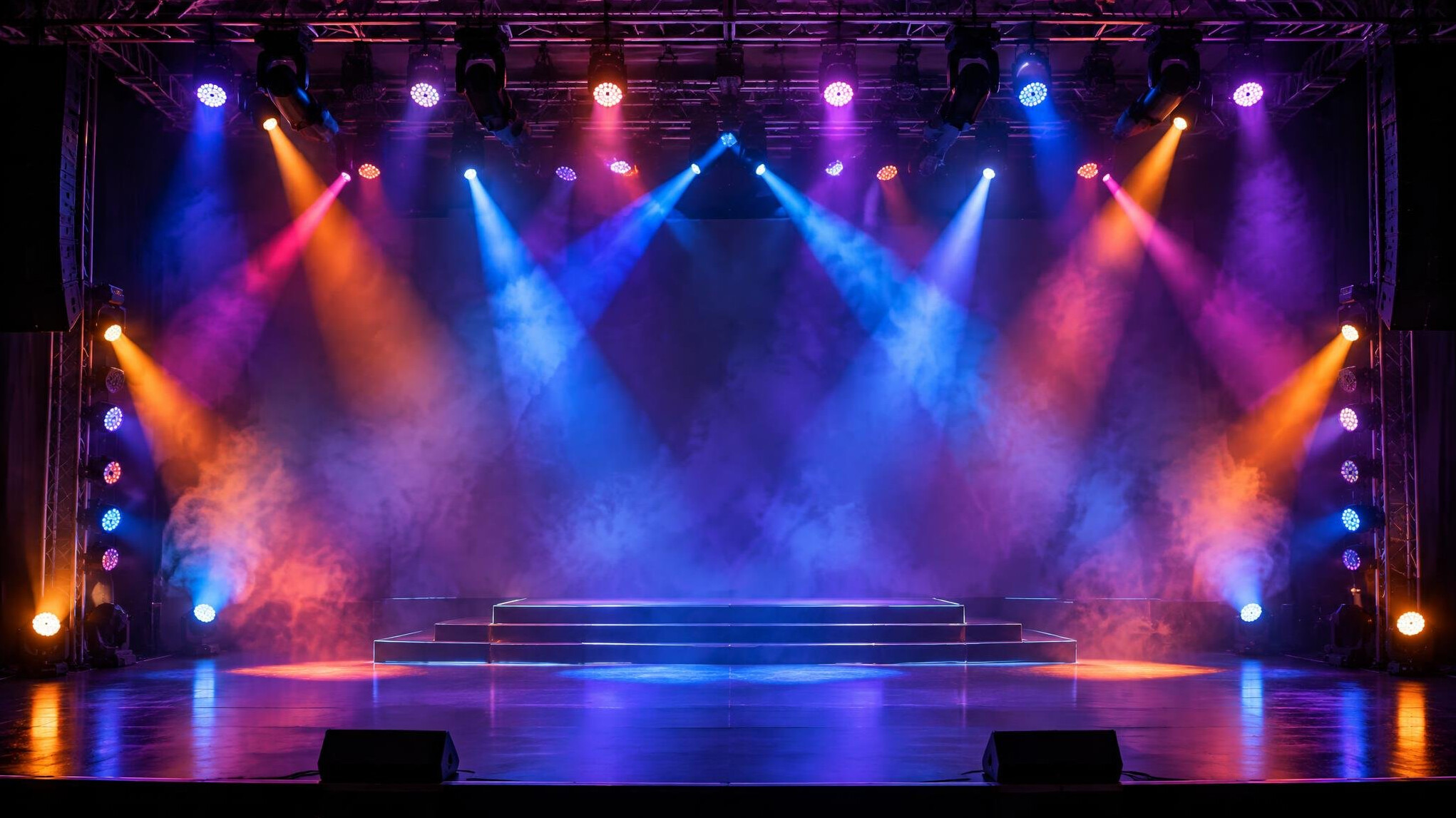 Stage with lighting rig and audience seating
