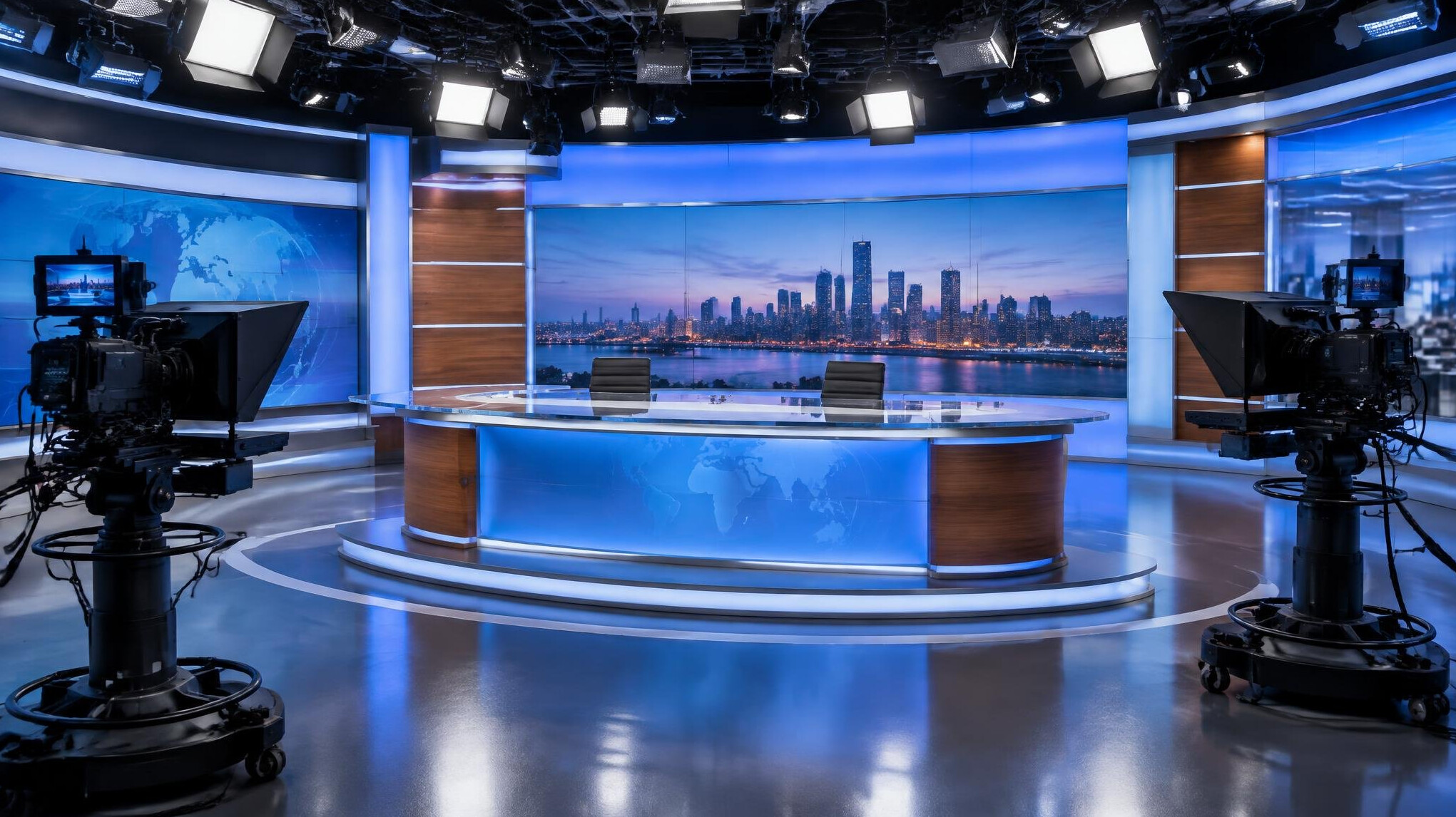 Television studio with cameras and lighting rigs ready for a live broadcast