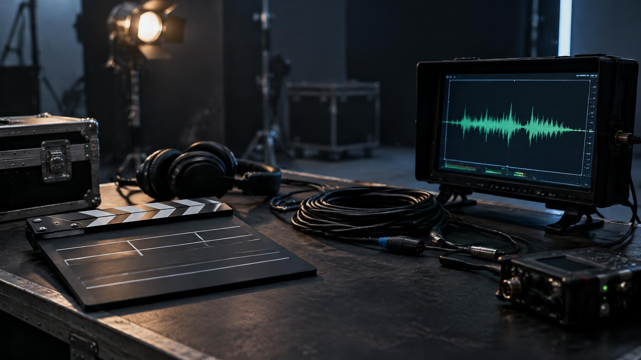 Film reel and production equipment on a table