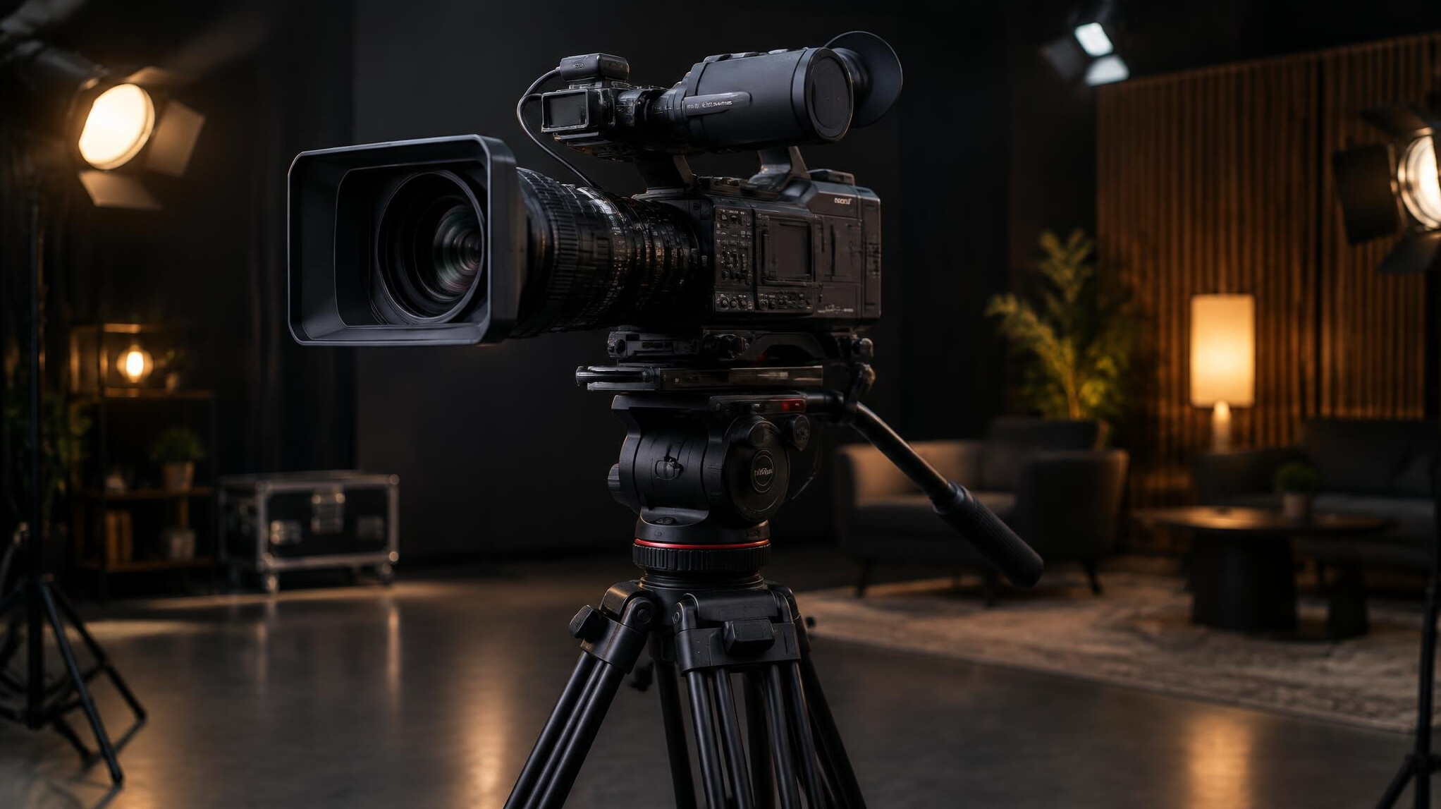 Broadcast camera on a tripod in a studio